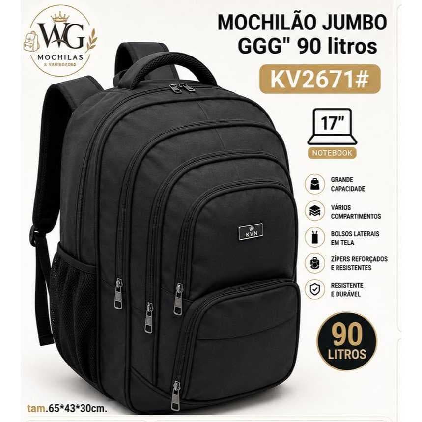 Mochilão Jumbo KVN 90 Litros em Nylon Impermeável – Grande Capacidade para Viagens, Trabalho e Motoqueiros