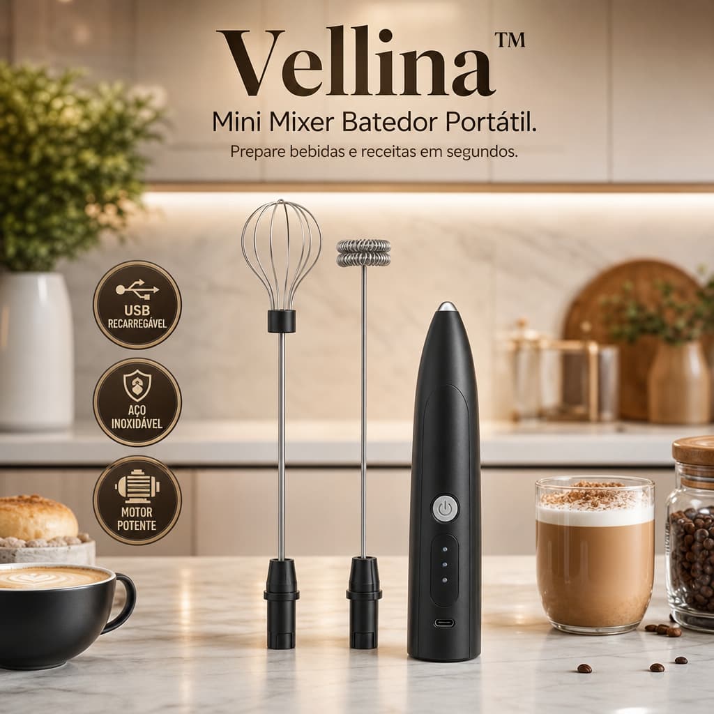 Mini Mixer Batedor Portátil Vellina™ Recarregável USB Bivolt para Café Smoothie Vitamina Molho Leite Cremoso