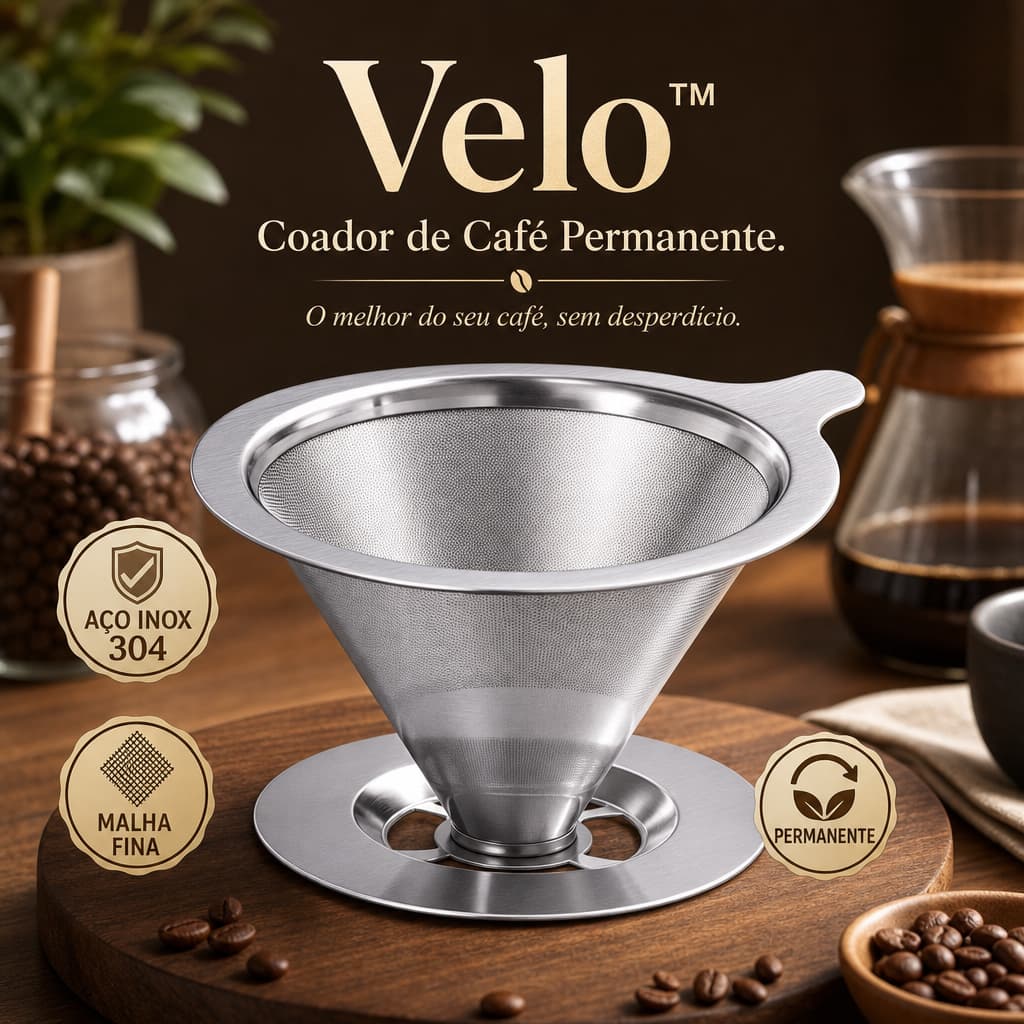 Filtro Coador Café Inox Velo™ 304 Reutilizável Permanente sem Papel - Café Especial Forte Aromático Extração Perfeita