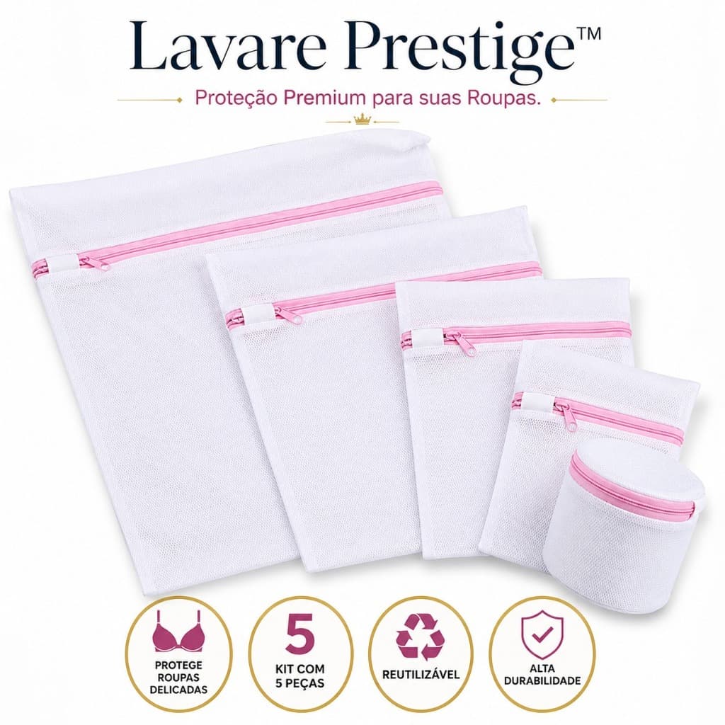 Kit 5 Sacos para Lavagem de Roupas Delicadas com Zíper Reforçado Organizador Lavare Prestige
