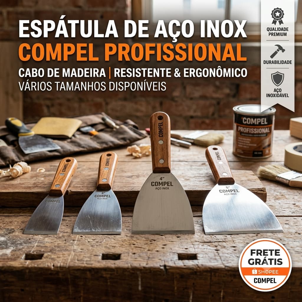 Espátula De Aço Inox Cabo De Madeira Compel Profissional - Vários Tamanhos