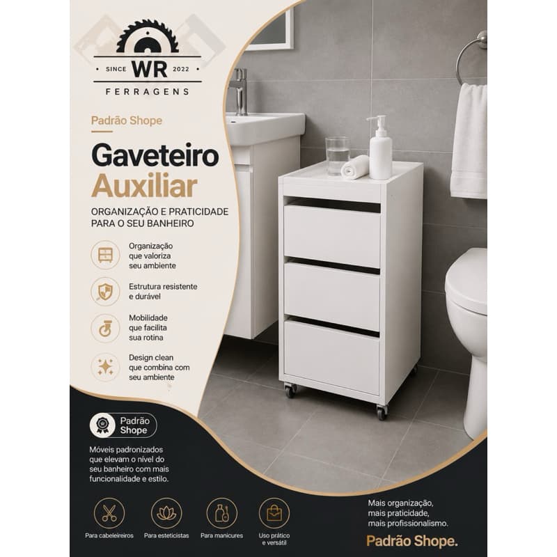 Carrinho Auxiliar Gaveteiro Com Rodinhas 3 Gavetas Manicure Escritório 100% MDF  Montado