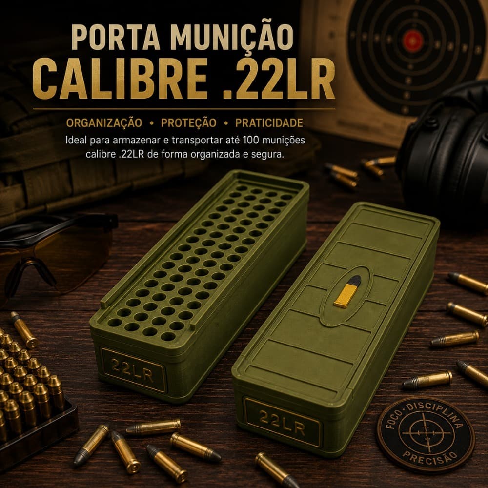 Caixa Estojo Porta Munição 22LR Quadrada Verde Militar