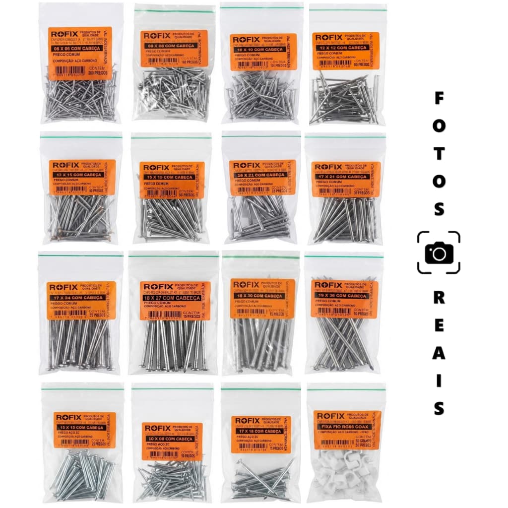 Kit 350 á 1000 Pregos Variados Com Cabeça Polidos e de Aço, Fixa Fio medidas de 6x6 ao 19x36