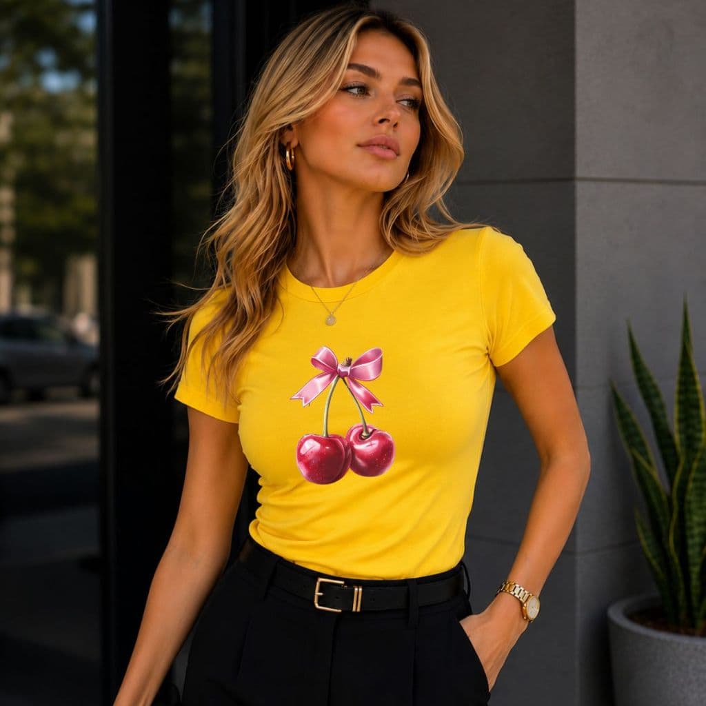 Blusaa feminina estampa cereja T-shirt camiseta gola redonda/careca