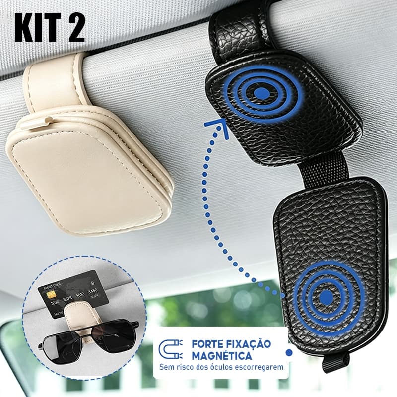 Porta Óculos Magnético para Viseira Automotivo, Clipe em Couro PU Universal, para Qualquer Modelo de Veículo