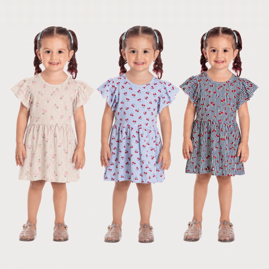 Vestido Infantil Menina Listrado Estampado com Manga Babado Cerejas