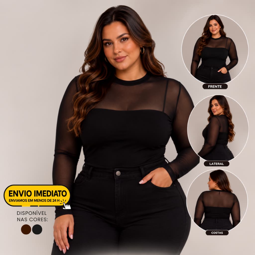 Blusa Tule Plus Size Feminina Manga Longa Transparente Segunda Pele Elegante Sofisticada Moda Blogueira  G1, G2