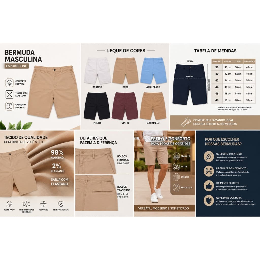 Bermuda Masculina Sarja Premium Casual 98% Algodão Elastano