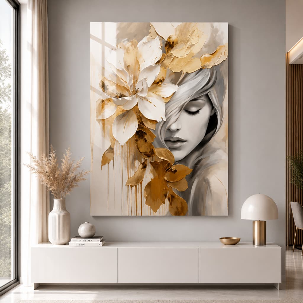 Quadro Decorativo Mulher Abstrata Floral Dourado e Bege Arte Moderna Elegante para Sala