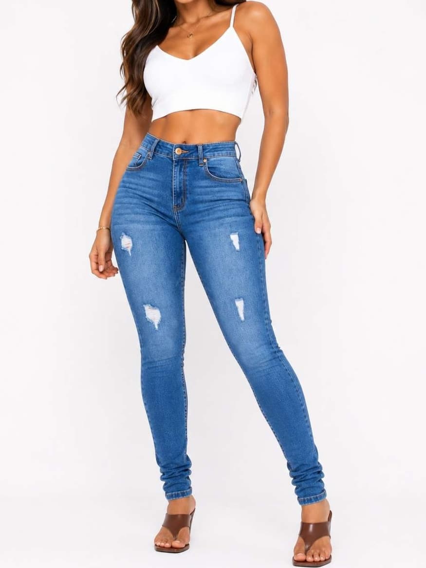 Calça Jeans Feminina Cintura Alta com Cinta Modeladora Interna Skinny Destroyed Levanta Bumbum
