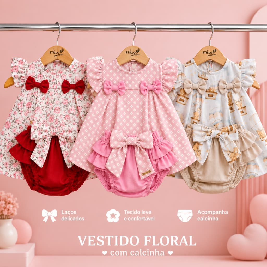 Vestido E Calcinha Conjunto de Vestido Para Bebes Estampa Kit Vestidinho Estampado com Tapa Fralda