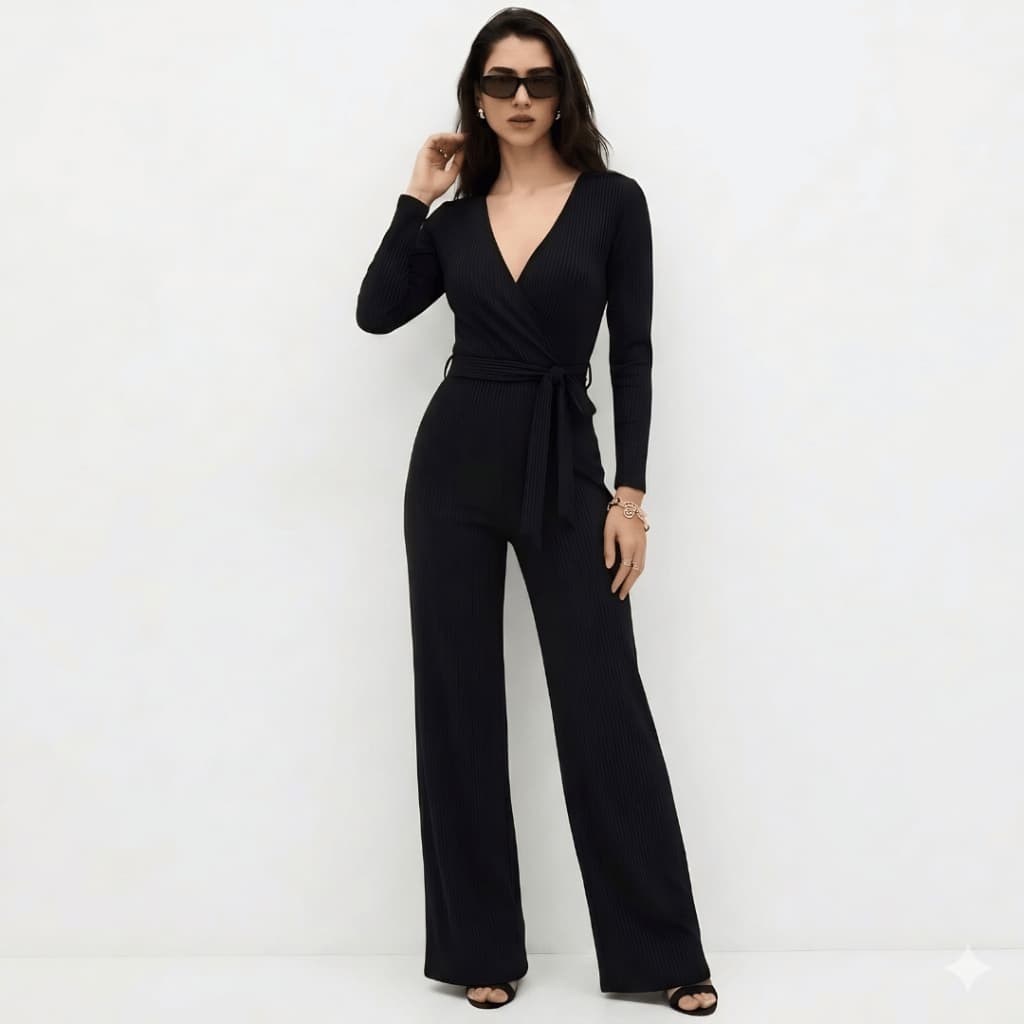 Macacão Feminino Manga Longa Canelado e Elastano Premium Calça Pantalona Laço em Amarração Decote Ajustável Moda Casual