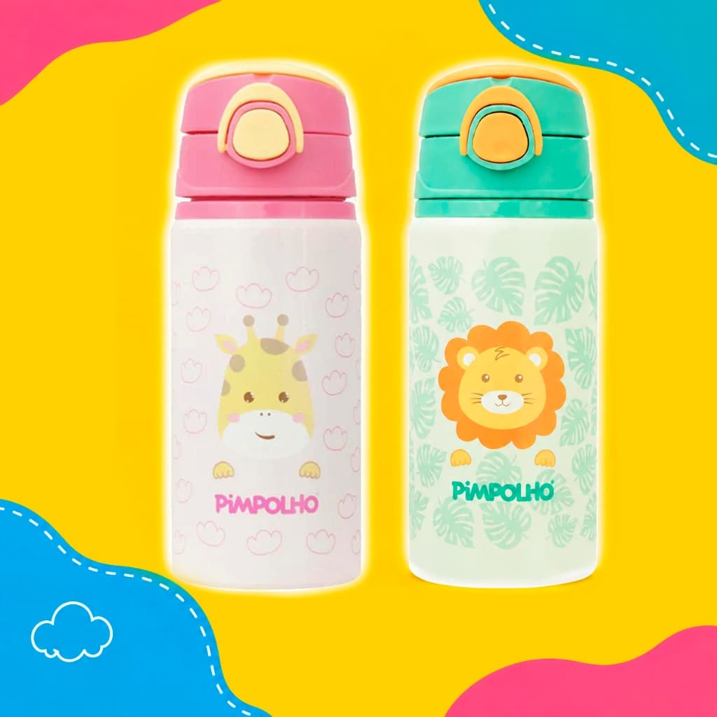Garrafa Pimpolho Alumínio Bichinhos Girafa ou Leão 500ml