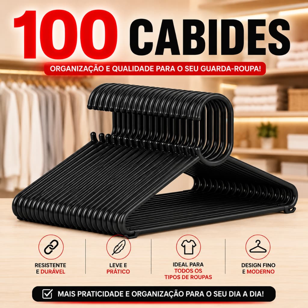 Cabide de Plástico Tradicional Preto kit com 100 unidades - Direto da Fábrica