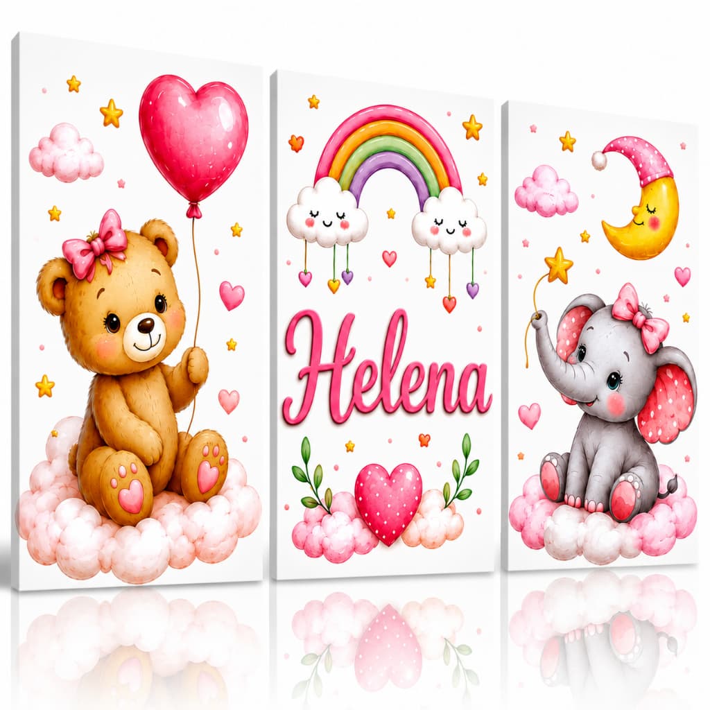 Quadros Decorativo 3 Peças Quarto Infantil Personalizado Elefantinho Menina Helena Ursinho carinhoso