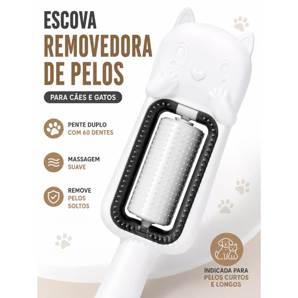 Escova Removedora de Pelos para Cães e Gatos Pente Duplo 60 Dentes Silicone Lavável para Pelos Curtos e Longos