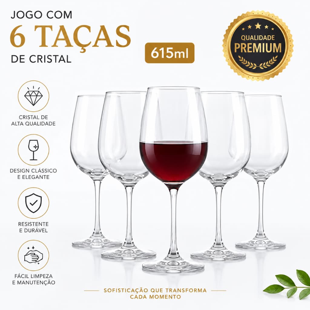 Jogo de 6 Taças Cristal Transparente 615ml Alta Qualidade Ideal Vinhos Festas