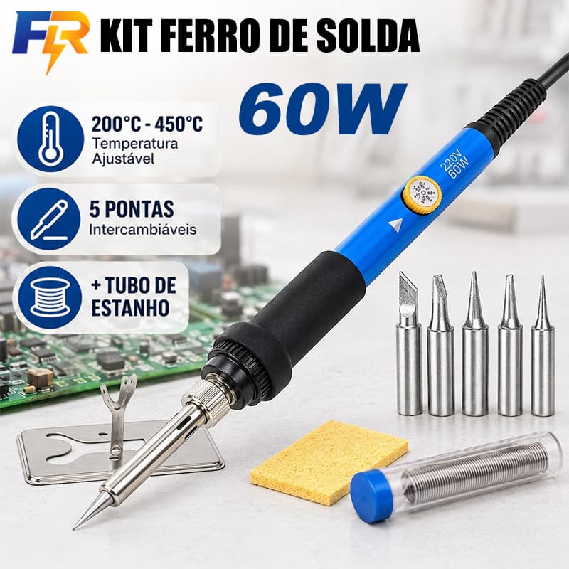 Kit Ferro de Solda 60W Temperatura Ajustável 200°C a 450°C com 5 Pontas, Suporte e Esponja 9pcs