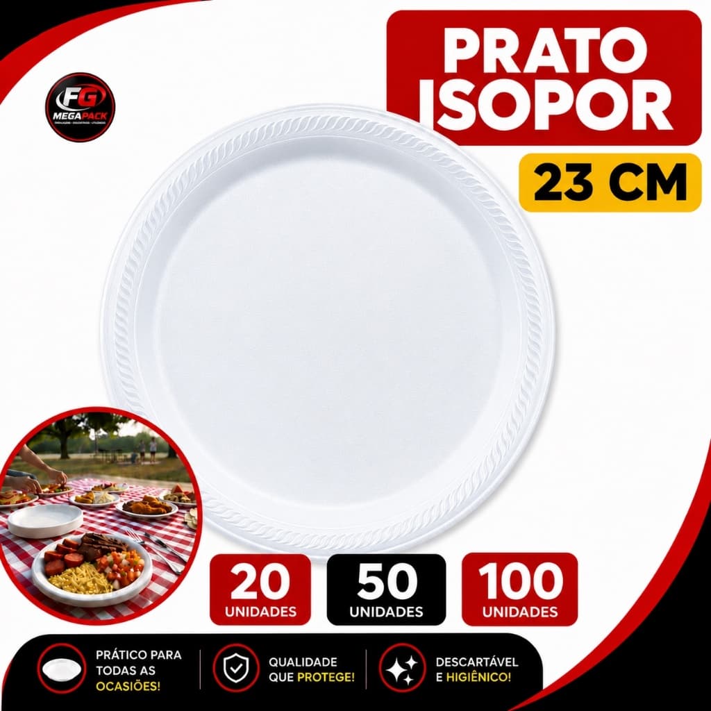 Prato de Isopor Ultratherm 23cm Descartável Para Refeições Festas Marmitas Eventos e Delivery