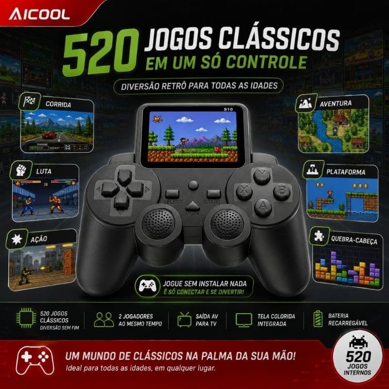 Controle de Vídeo Game Retro com Tela Led e 520 Jogos-S10