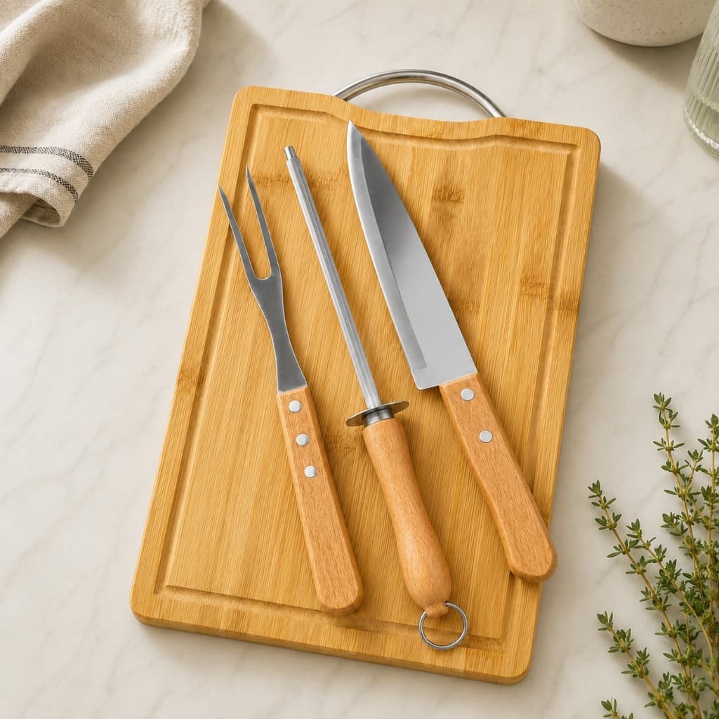 Kit para Churrasco Garra + Faca + Garfo + Chaira + Tábua Com Alça Inox bambu Natural Sulco 100% Bambu