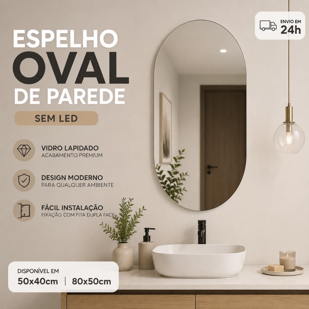 Espelho Oval de Parede Vidro Lapidado Banheiro Lavabo Sala Quarto Hall Decorativo