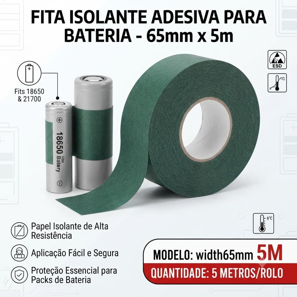 Fita Isolante Adesiva para Bateria 18650 21700 65mm x 5m Papel Isolante
