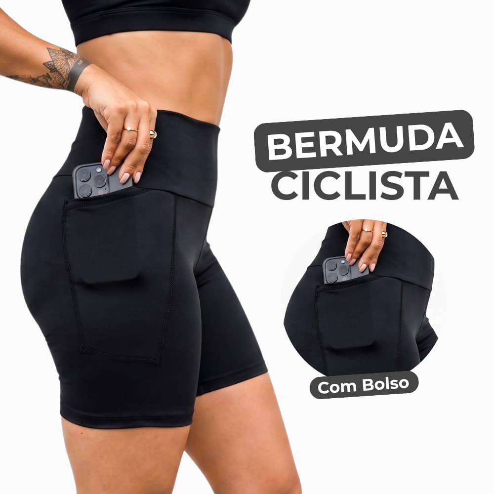 BERMUDA CICLISTA FEMININA COM BOLSO PARA CELULAR E CÓS ALTO zero transparência academia fitness