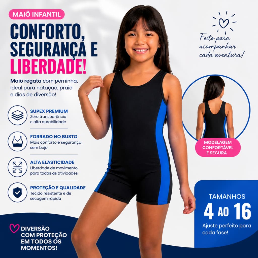 Maiô Macaquinho Infantil Juvenil com Perninha em Suplex – Tamanho 4 ao 16