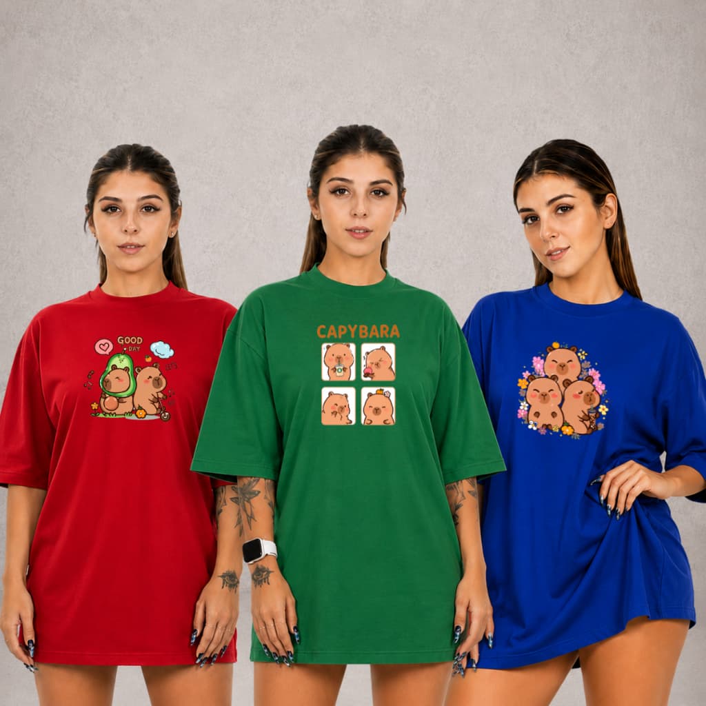 Kit 3 T-Shirt Feminina Plus Estanpado Capybara Grande Size P ao G5 Algodão Gola Redonda Camiseta Básica 100% Algodâo
