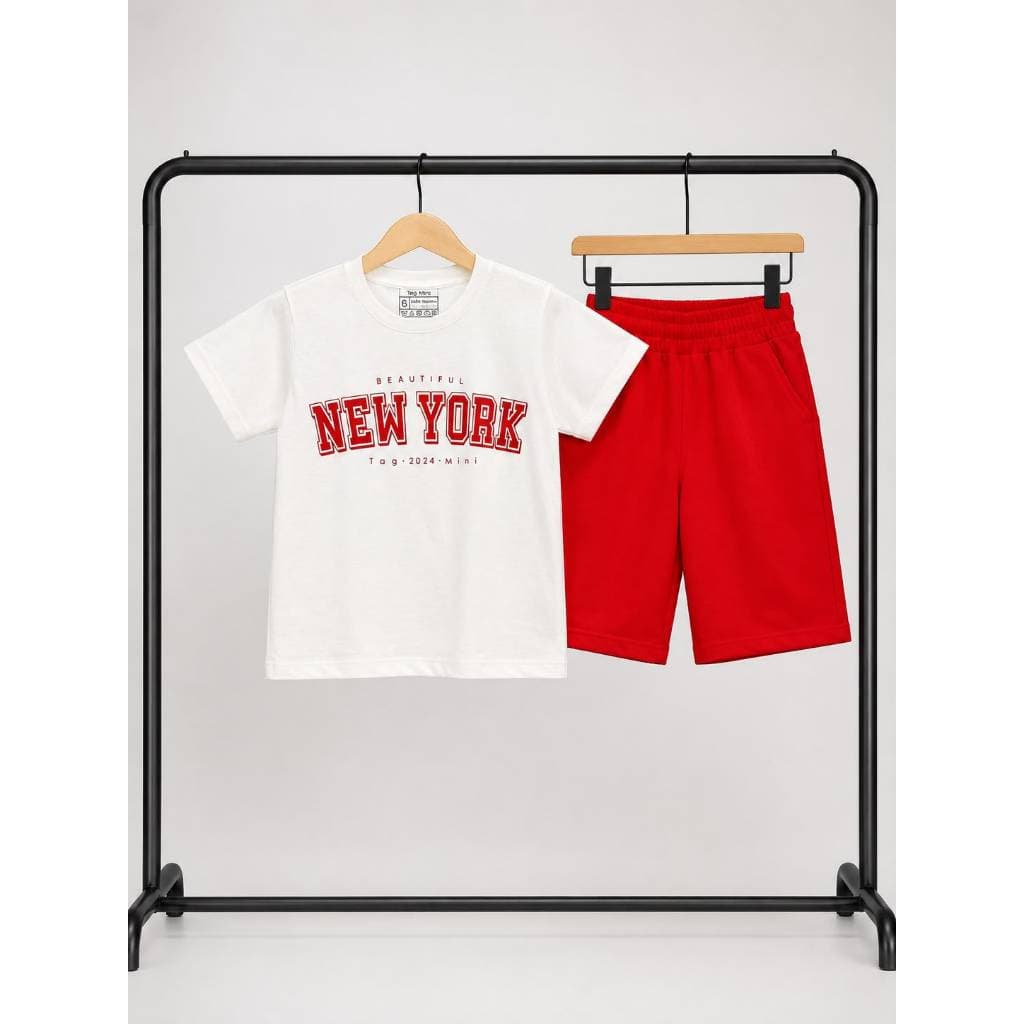Conjunto Infantil Masculino kit 2 peças camisa marfim + bermuda vermelha qualidade premium