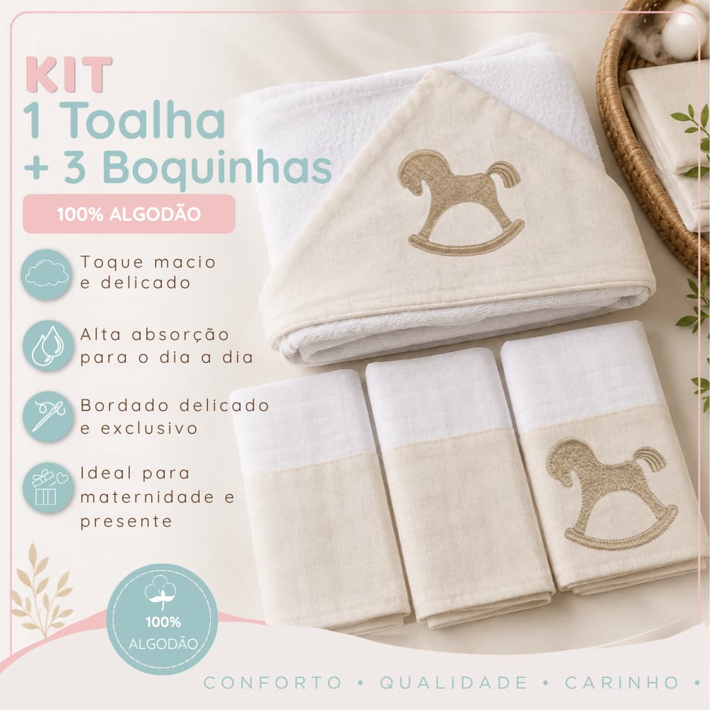 Kit 3 Fraldas de Pano para Bebê Menino Menina  + Toalha de Banho com Capuz Bordado 100% Algodão Luxo