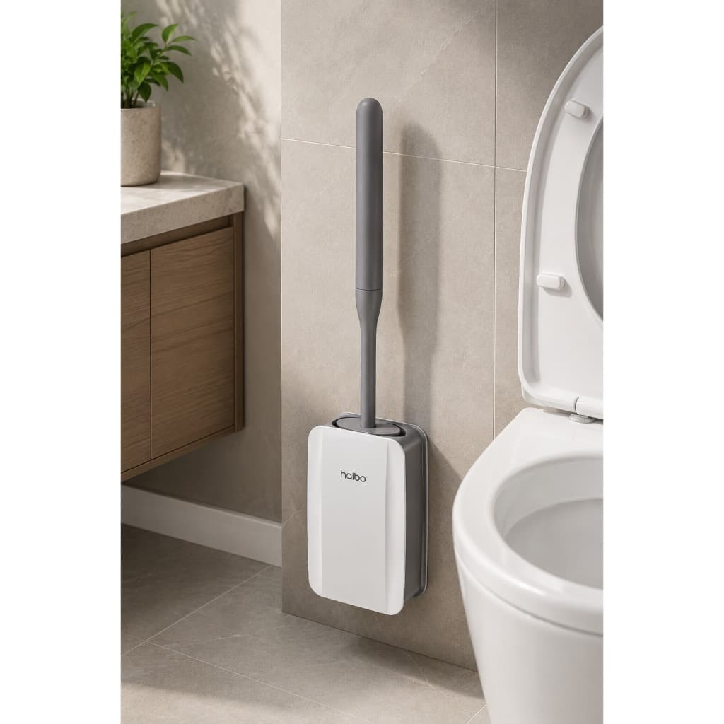 Escova Sanitária Silicone com Suporte de Parede Cinza e Branco | Porta Escova para Banheiro