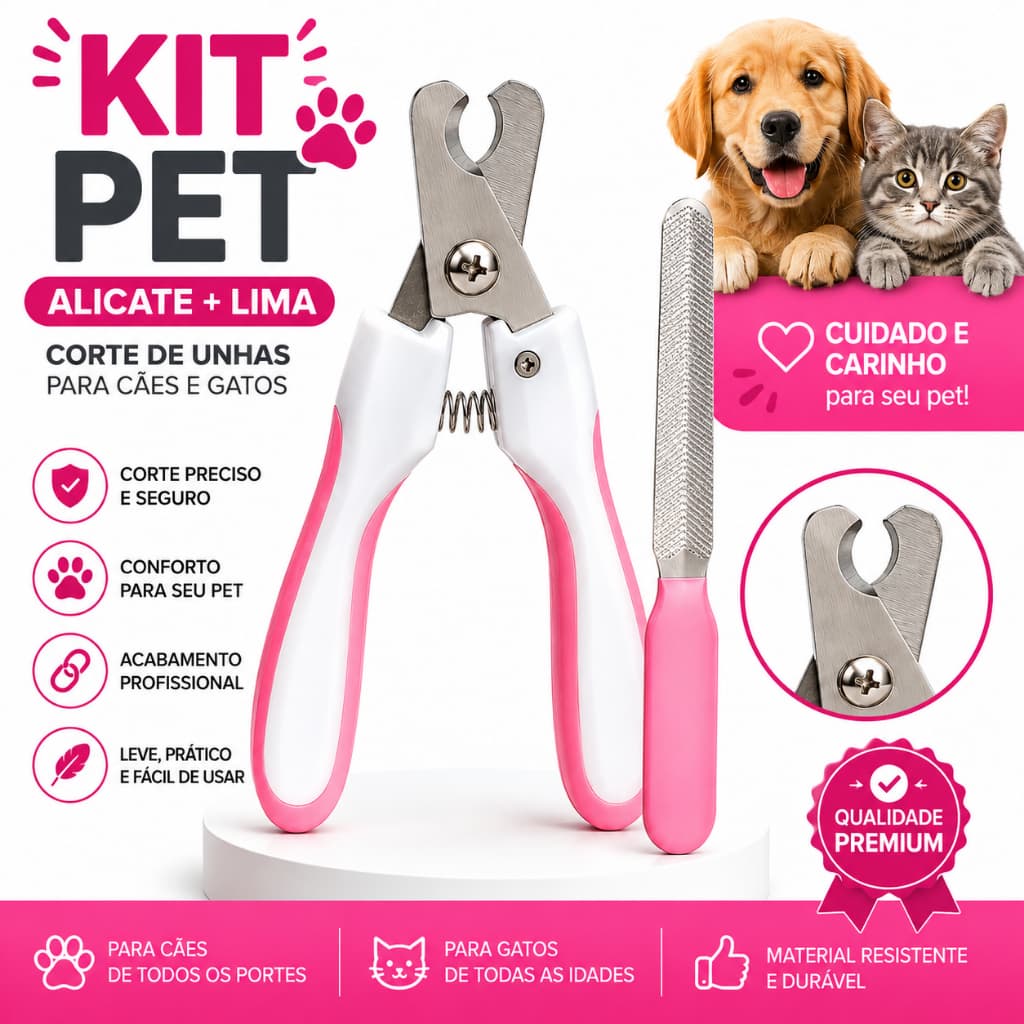 Kit Alicate Cortador de Unha Pet com Lixa Aço Inox para Cães e Gatos Corte Preciso Profissional