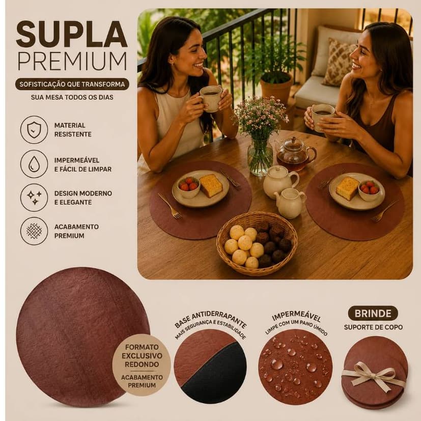 Jogo Americano Premium Impermeável com Feltro Oval Brinde Suporte para Copo