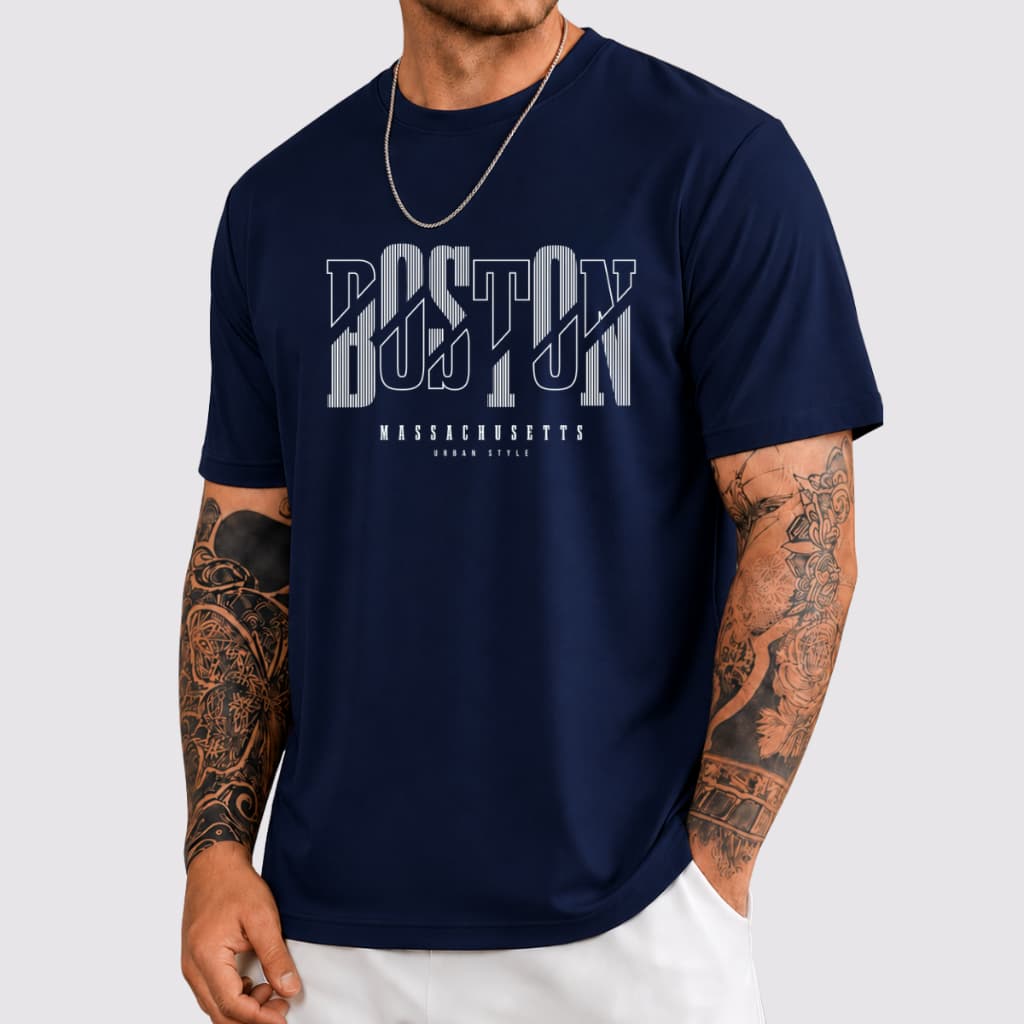Camiseta Masculina Gola Redonda Slim Estampado Boston Urban Style Camisa Algodão Premium P ao GG