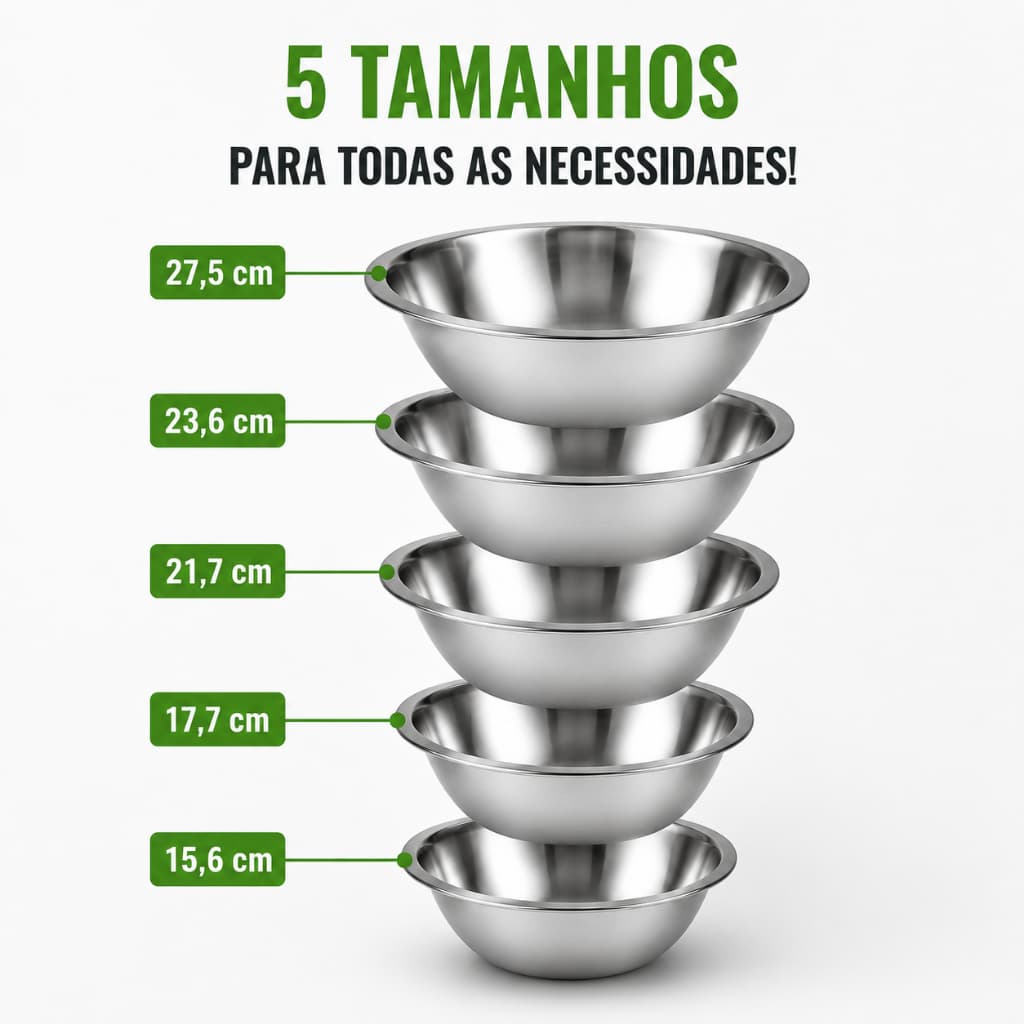 Jogo Kit Bowl Inox 5 Peças Inox Empilhável Tigela 15cm 17cm 21cm 23cm 27cm Gamela Bacia Cozinha