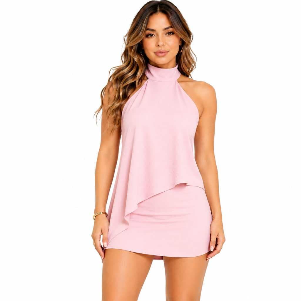 Conjunto Feminino Short Saia + Blusa Assimétrica Gola Alta Elegante Moda Verão chique