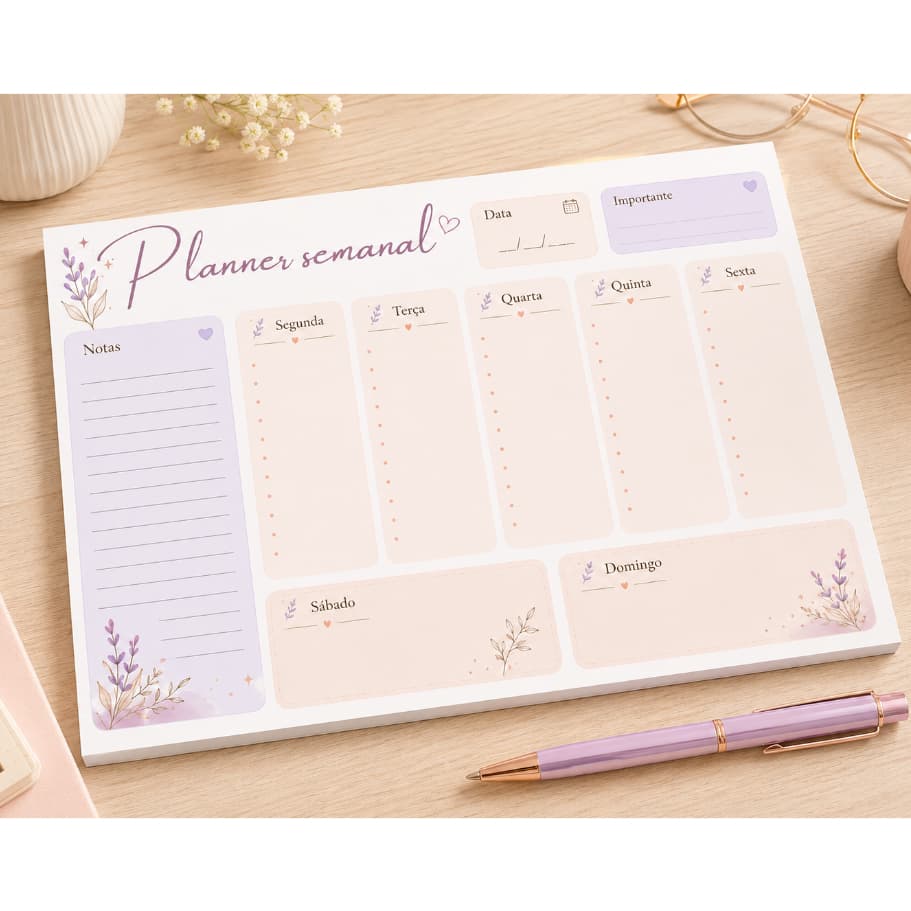Bloco Planner Semanal A4 50 Folhas | Organizador de Mesa | Agenda Semanal | Planejamento de Estudos e Trabalho | Arte