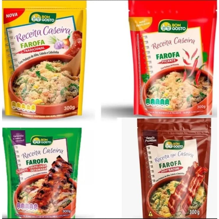 Kit 04 Pacotes de Farofa Premium Bom Gosto Sabores Tradicional/Picante/Costelinha/Bacon - 300 g cada