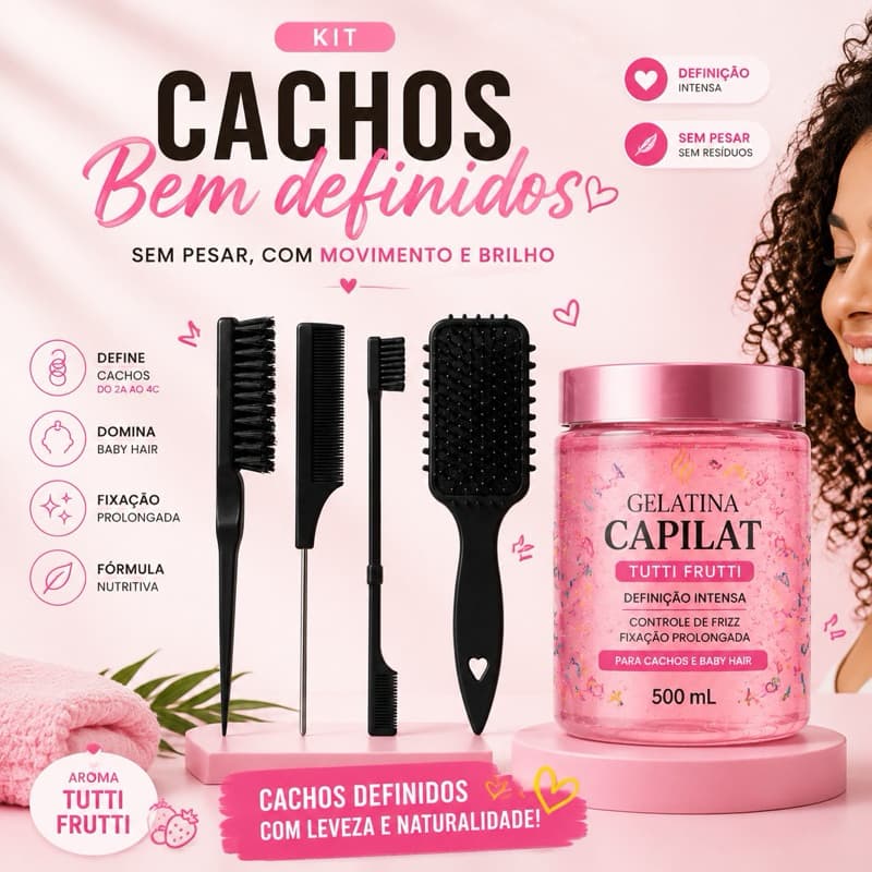 Kit Definição Total Cachos Cacheadas | Gelatina Capilar Alta Fixação + Escova de Fitagem + Kit Baby Hair