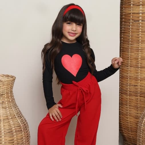 Conjunto Virginia Infantil Blusa Manga Longa Coração + Calça Pantalona Vermelha Promoção