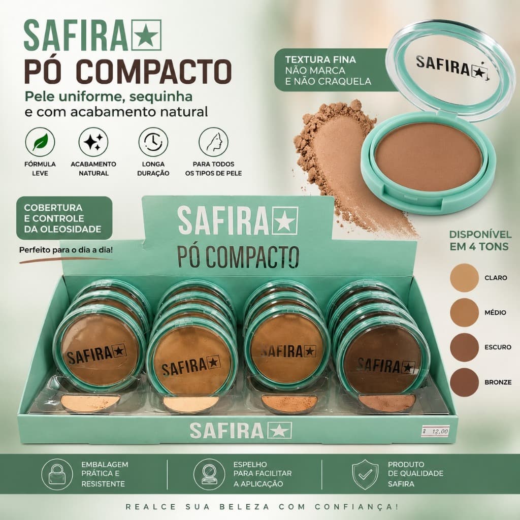 Pó Compacto Safira Matte Controle da Oleosidade Cobertura Natural Longa Duração Maquiagem Facial
