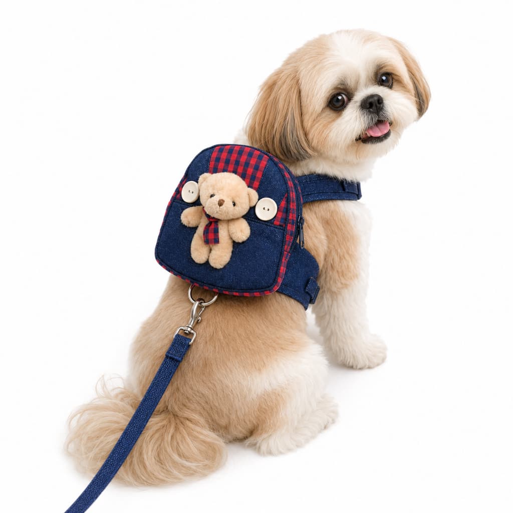 Peitoral para Cachorro com Mochila e Guia Ajustável Pet Cães Pequenos Ursinho Lenhador