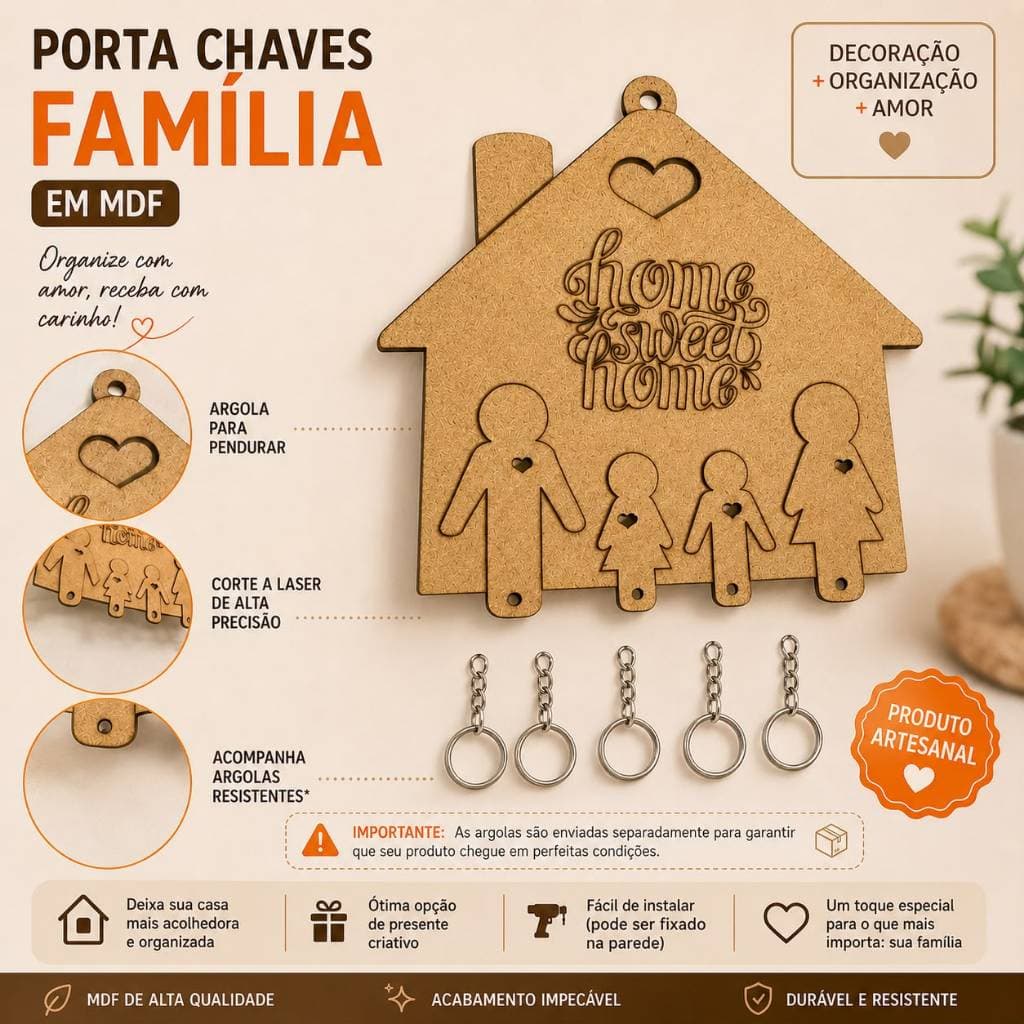 Porta Chaves Família em MDF Decorativo | Organizador de Chaves para Parede