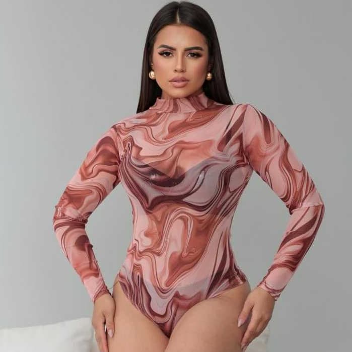 Body Em Tule Slim Fit  Estampados Leve Gola Alta Manga Longa( Vaquinha, Tie Dye Marsala e Onça)