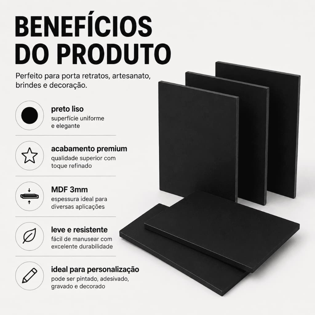 Kit Porta Retrato 10x15 MDF Preto 3mm Placa Inteira Lisa com Variações de 5 10 20 e 50 Unidades