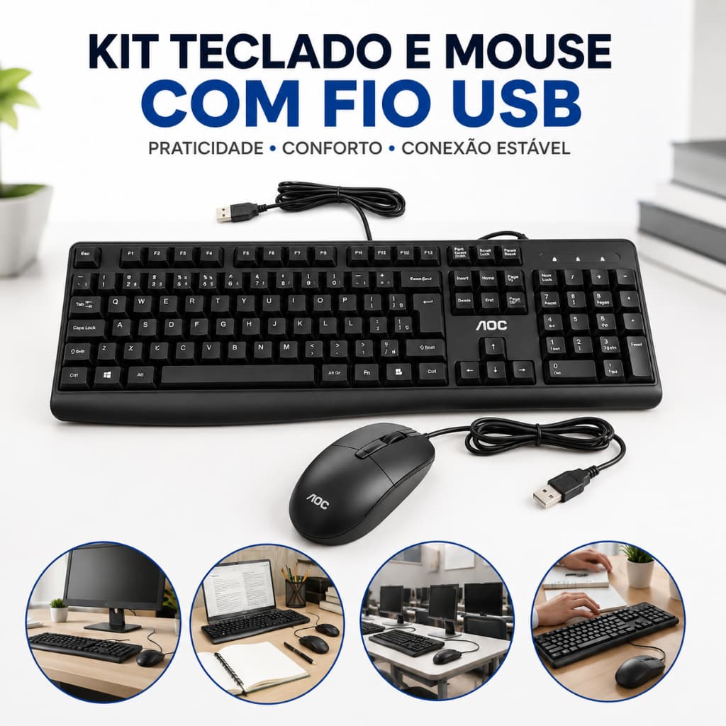 Kit Teclado e Mouse com Fio USB ABNT2 Tecla Ç Mouse 2000 DPI para PC Notebook KM170