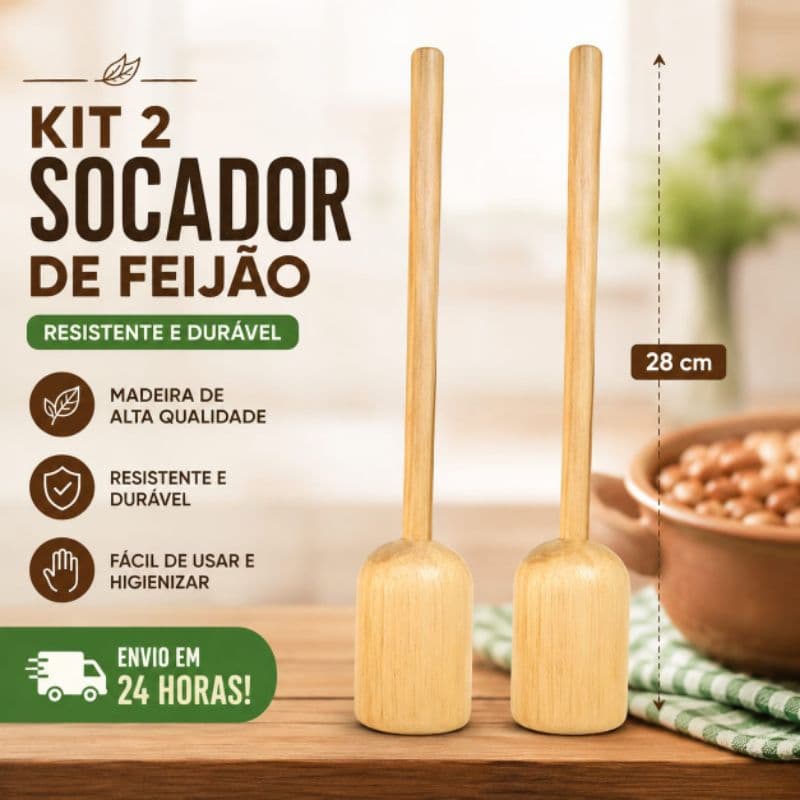 Kit 2 Socadores de Feijão Madeira 28cm Soquete de Madeira Amassador Manual Resistente Cozinha